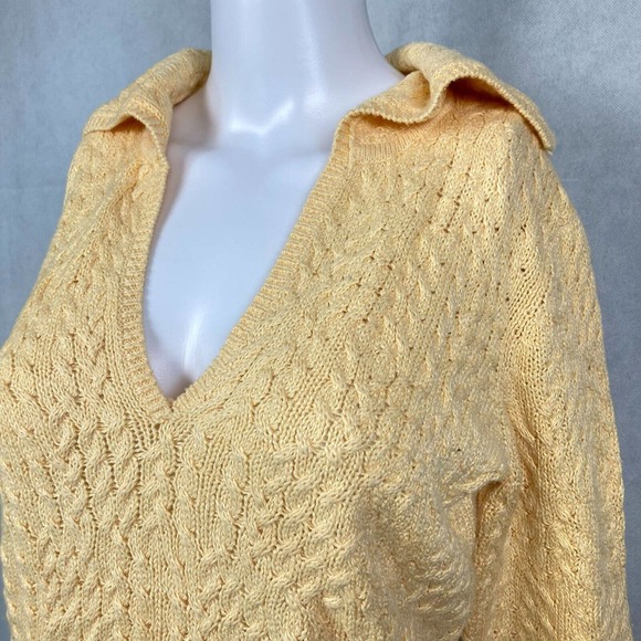 Talbots Sweater Womens Sz P Petite Yellow Cotton Cable Knit V Neck Collared - Picture 4 of 9